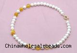 CFN729 9mm - 10mm potato white freshwater pearl & yellow banded agate necklace