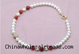 CFN731 9mm - 10mm potato white freshwater pearl & red banded agate necklace