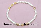 CFN740 9mm - 10mm potato white freshwater pearl & honey jade necklace