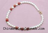 CFN755 9mm - 10mm potato white freshwater pearl & red jasper necklace