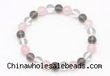 CGB8001 8mm white crystal, rose quartz & smoky quartz beaded stretchy bracelets
