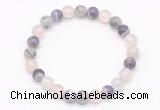 CGB8003 8mm black rutilated quartz, dogtooth amethyst & rose quartz beaded stretchy bracelets