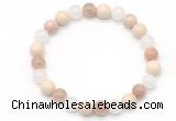 CGB8015 8mm white jade, white fossil jasper & sunstone beaded stretchy bracelets