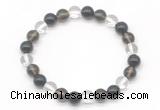 CGB8021 8mm white crystal, smoky quartz & black agate beaded stretchy bracelets