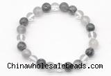 CGB8022 8mm white crystal, cloudy quartz & black labradorite beaded stretchy bracelets