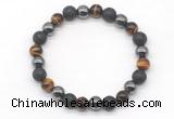 CGB8042 8mm black lava, hematite & yellow tiger eye beaded stretchy bracelets