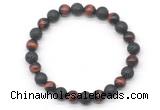 CGB8070 8mm grade AA red tiger eye & black lava beaded stretchy bracelets