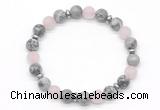 CGB8157 8mm grey picture jasper, matte rose quartz & hematite power beads bracelet