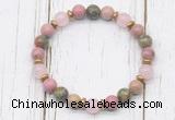 CGB8445 8mm pink wooden jasper, unakite, rose quartz & hematite power beads bracelet