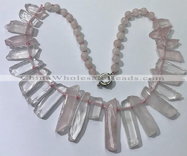 CGN186 23 inches 8*20mm - 11*60mm rose quartz stick necklaces