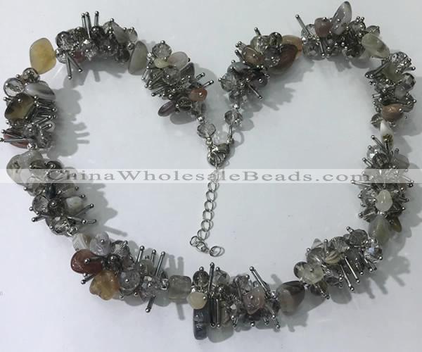 CGN409 19.5 inches chinese crystal & grey agate chips beaded necklaces