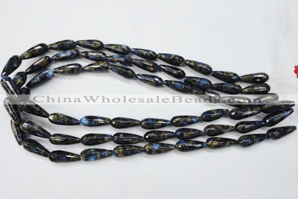 CGO194 15.5 inches 10*30mm faceted teardrop gold blue color stone beads