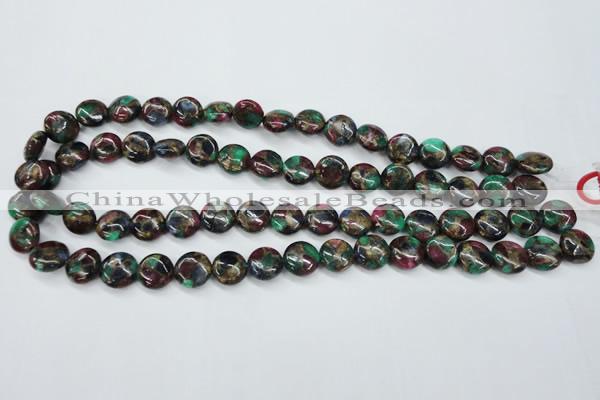 CGO32 15.5 inches 12mm flat round gold multi-color stone beads