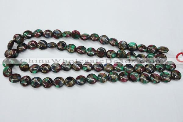 CGO33 15.5 inches 14mm flat round gold multi-color stone beads