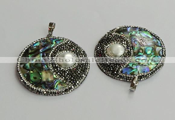 CGP710 45mm flat round abalone shell & shell pearl pendants
