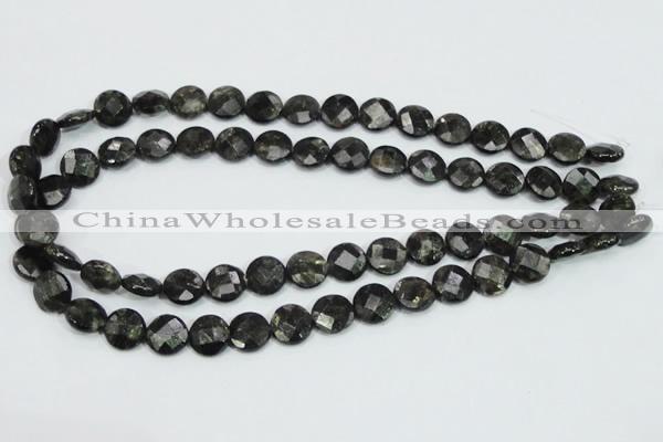 CLB305 15.5 inches 12mm faceted flat round black labradorite beads