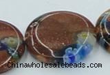 CLG555 16 inches 20mm flat round goldstone & lampwork glass beads