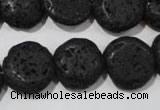 CLV498 15.5 inches 16mm flat round black lava beads wholesale