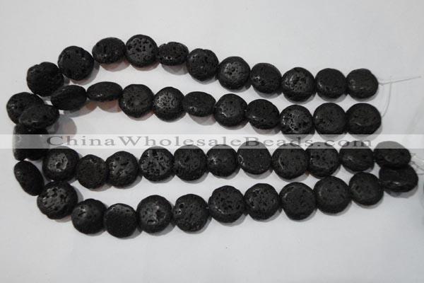 CLV498 15.5 inches 16mm flat round black lava beads wholesale