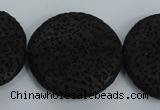CLV51 15.5 inches 32mm flat round black natural lava beads wholesale