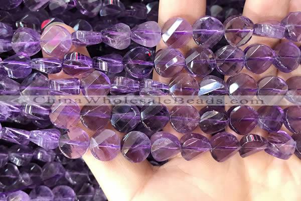 CNA1109 15.5 inches 10mm twisted & faceted coin amethyst beads