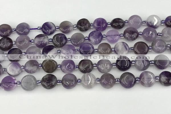 CNA1185 15.5 inches 10mm flat round amethyst beads wholesale