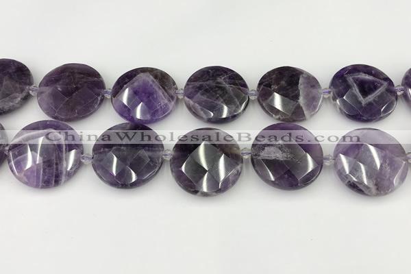 CNA1211 15.5 inches 30mm faceted coin amethyst gemstone beads