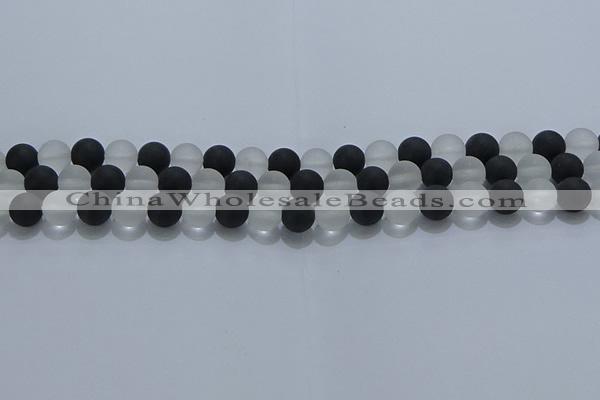 CNC112 15.5 inches 8mm round matte white crystal & black agate beads