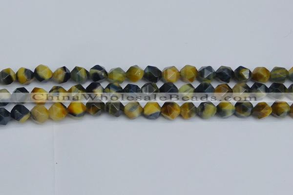 CNG7312 15.5 inches 10mm faceted nuggets golden & blue tiger eye beads