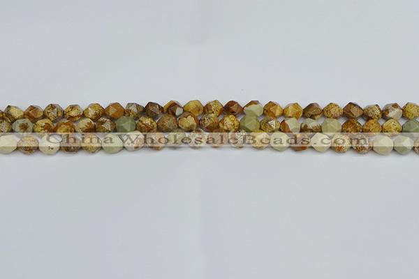 CNG7375 15.5 inches 6mm faceted nuggets picture jasper beads