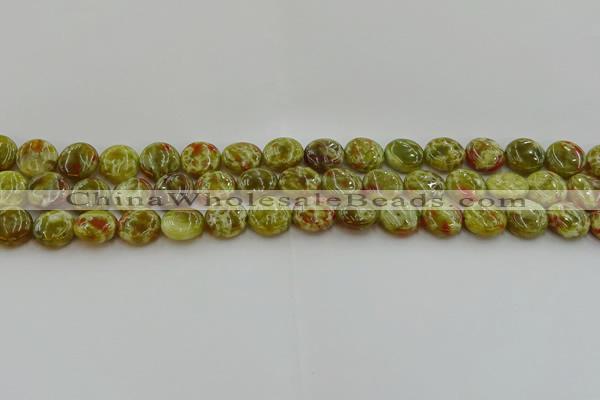 CNS622 15.5 inches 10mm flat round green dragon serpentine jasper beads