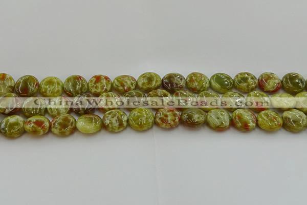 CNS624 15.5 inches 15mm flat round green dragon serpentine jasper beads