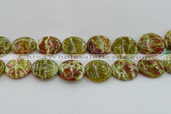 CNS629 15.5 inches 35mm flat round green dragon serpentine jasper beads