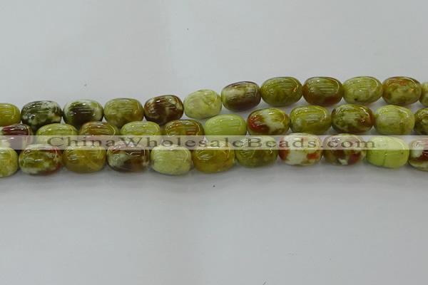 CNS662 15.5 inches 10*14mm drum green dragon serpentine jasper beads