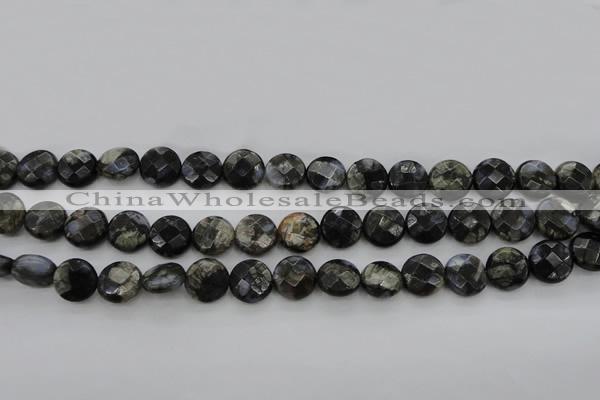 COP495 15.5 inches 10mm faceted coin natural grey opal beads
