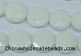 CPB302 15 inches 14mm faceted coin white porcelain beads