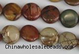 CPJ351 15.5 inches 14mm flat round picasso jasper gemstone beads