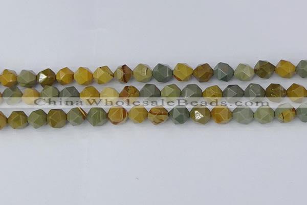 CPJ572 15.5 inches 10mm faceted nuggets wildhorse picture jasper beads