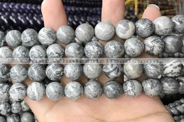 CPJ585 15.5 inches 14mm round grey picture jasper beads wholesale