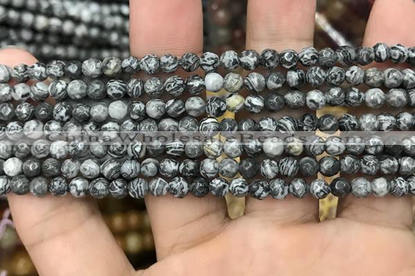 CPJ640 15.5 inches 4mm faceted round grey picture jasper beads