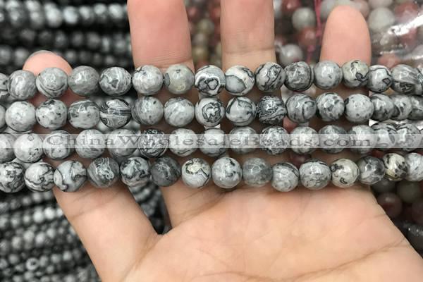 CPJ642 15.5 inches 8mm faceted round grey picture jasper beads