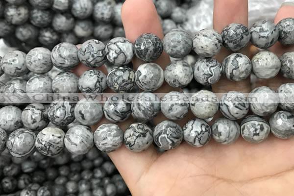 CPJ645 15.5 inches 14mm faceted round grey picture jasper beads