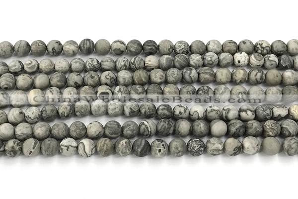 CPJ741 15 inches 6mm round matte grey picture jasper beads