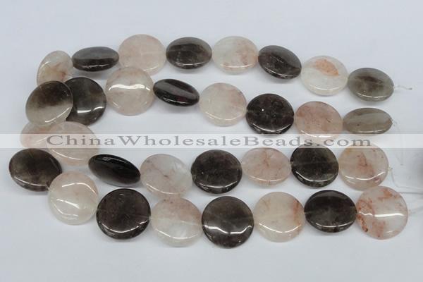 CPQ103 25mm flat round natural pink crystal & smoky quartz beads