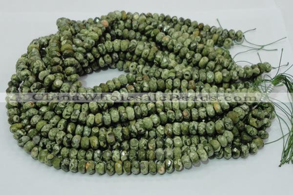 CPS53 15.5 inches 6*10mm faceted rondelle green peacock stone beads