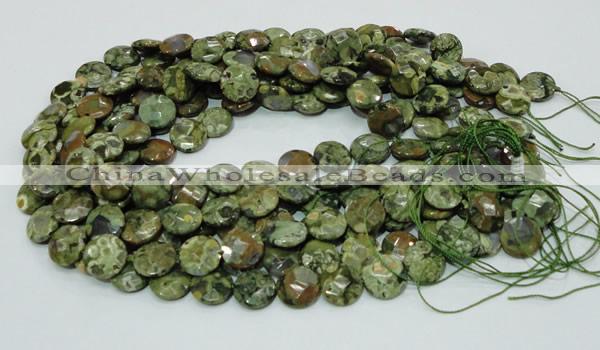 CPS85 15.5 inches 14mm faceted flat round green peacock stone beads