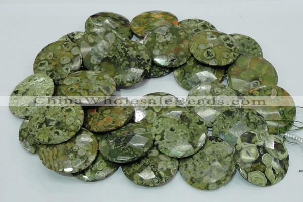 CPS88 15.5 inches 40mm faceted flat round green peacock stone beads