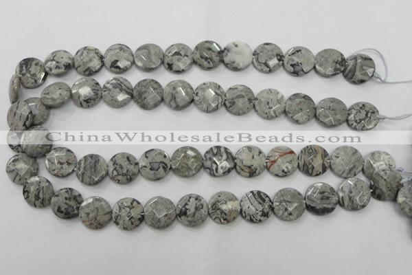 CPT125 15.5 inches 15mm faceted coin grey picture jasper beads