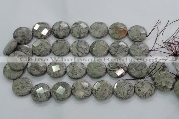 CPT126 15.5 inches 25mm faceted coin grey picture jasper beads