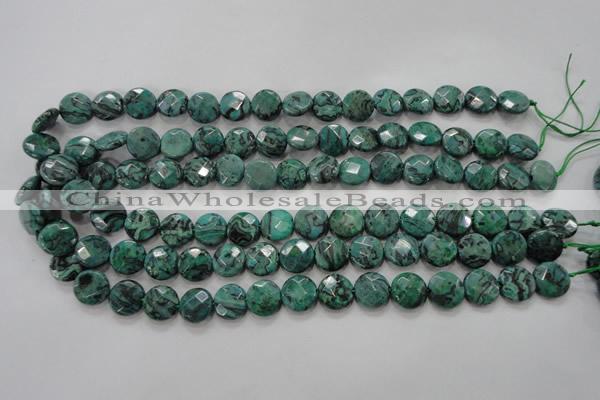 CPT232 15.5 inches 12mm faceted coin green picture jasper beads